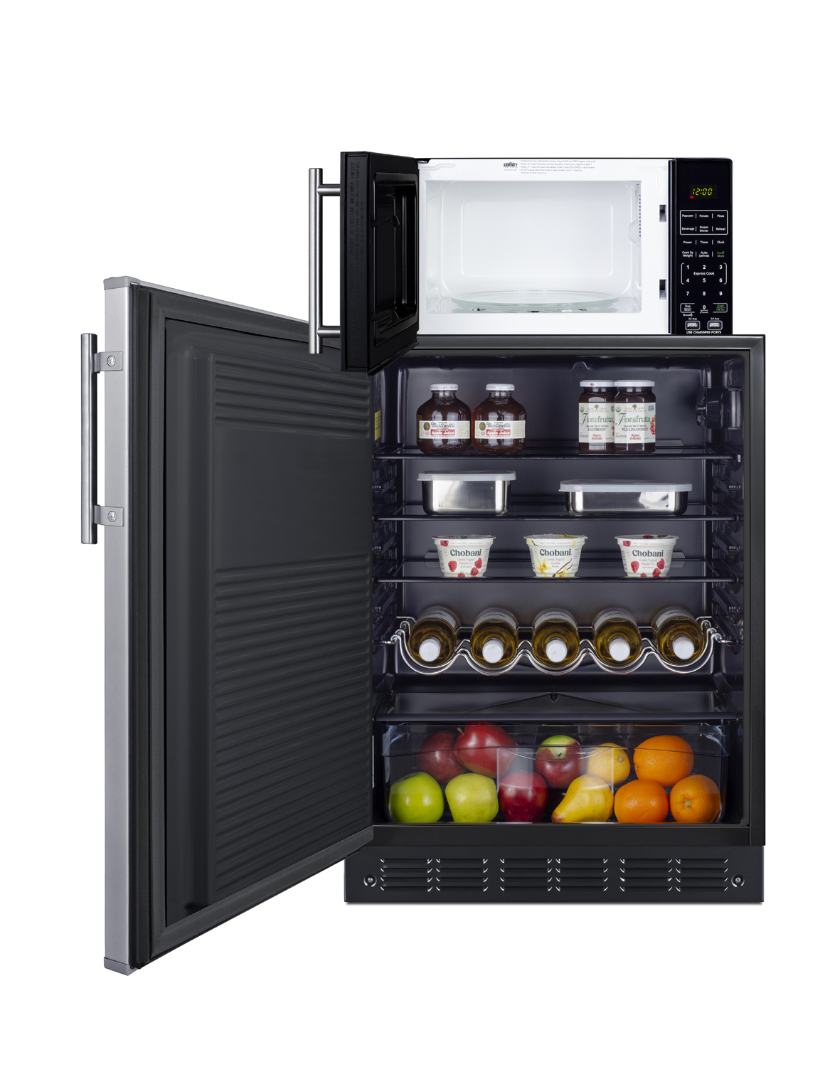 Counter height all-refrigerator with stainless steel door and compact microwave in black with allocator and USB ports for 1-plug operation; ships in three boxes on one pallet